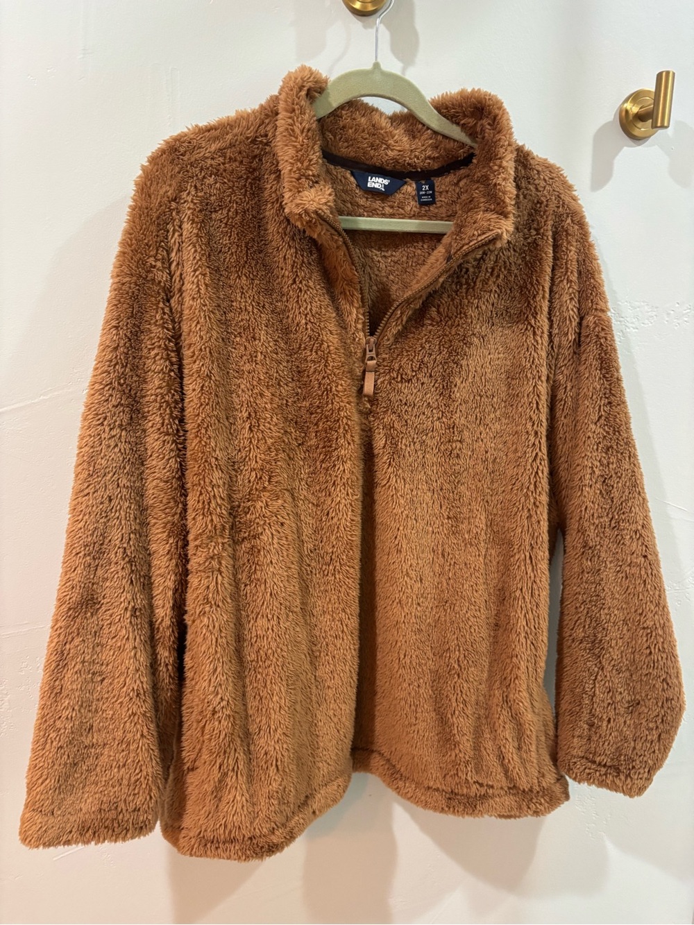 Lands' End Plush Teddy Quarter-Zip Jacket in Chestnut Brown